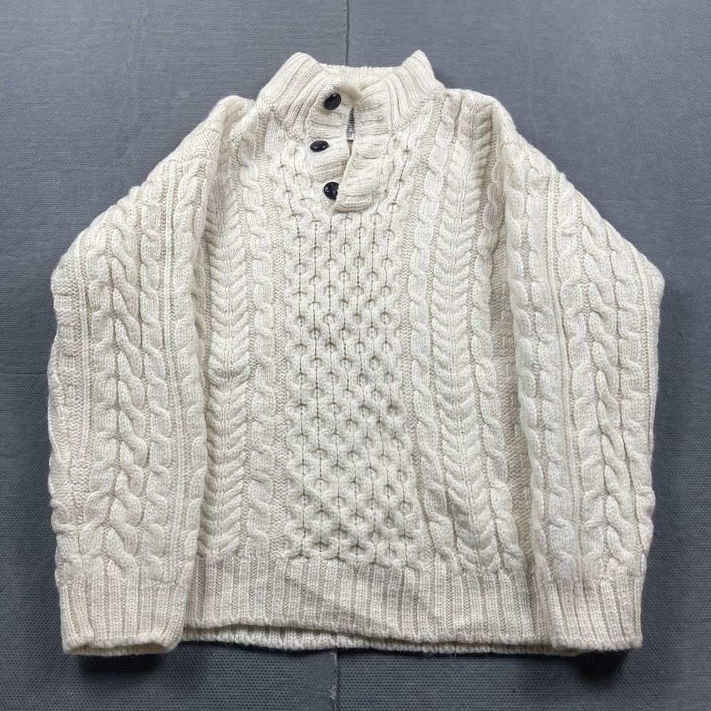LL Bean Sweater Mens Large* Wool Fisherman Cable Knit Henley Ireland Ivory